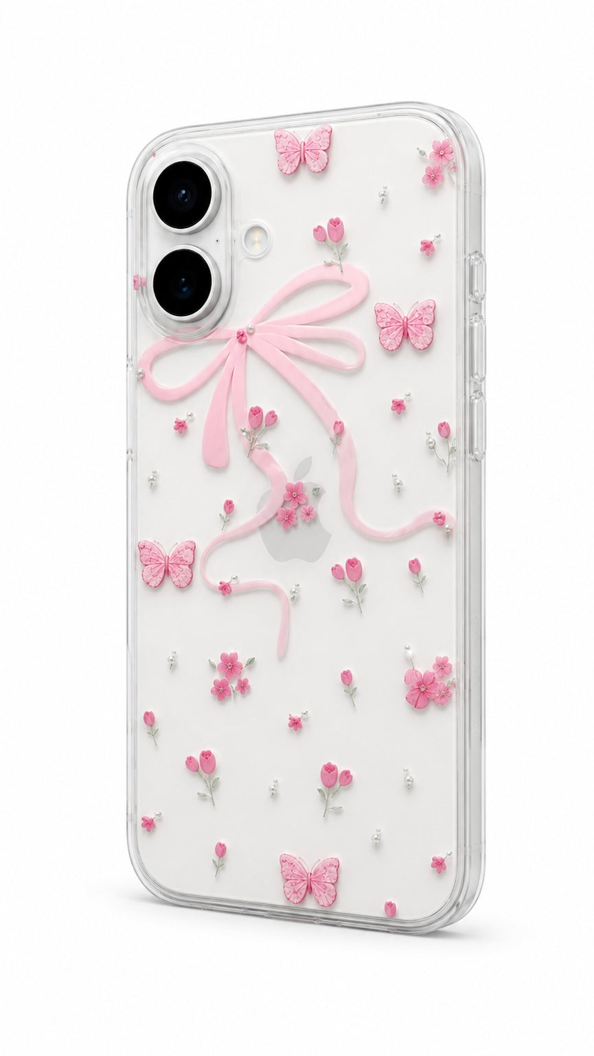 Pink Ribbon Floral Clear Protective Case for iPhone 16🎀💞