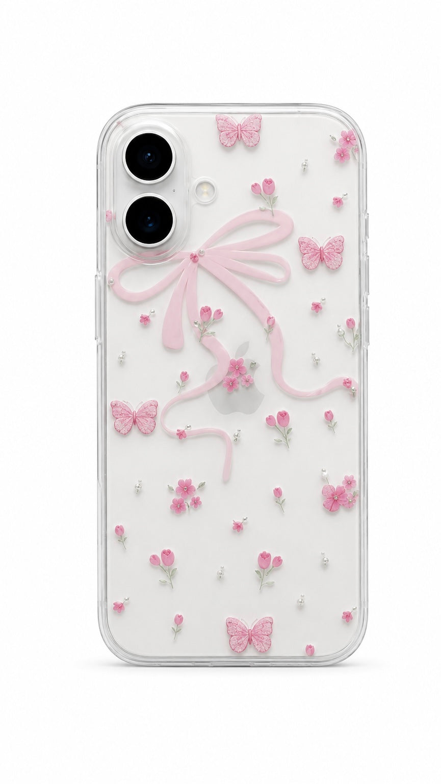 Pink Ribbon Floral Clear Protective Case for iPhone 16🎀💞