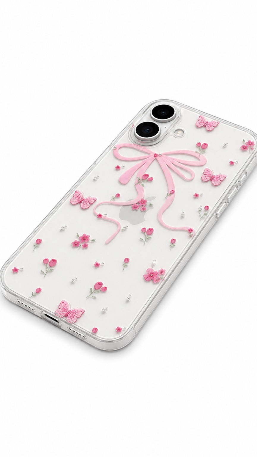 Pink Ribbon Floral Clear Protective Case for iPhone 16🎀💞