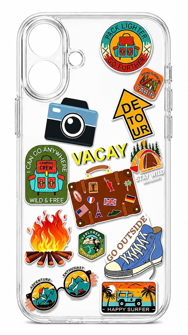 Wanderlust Adventure Sticker Clear Case for iPhone 16 ✈️🏕️🌍