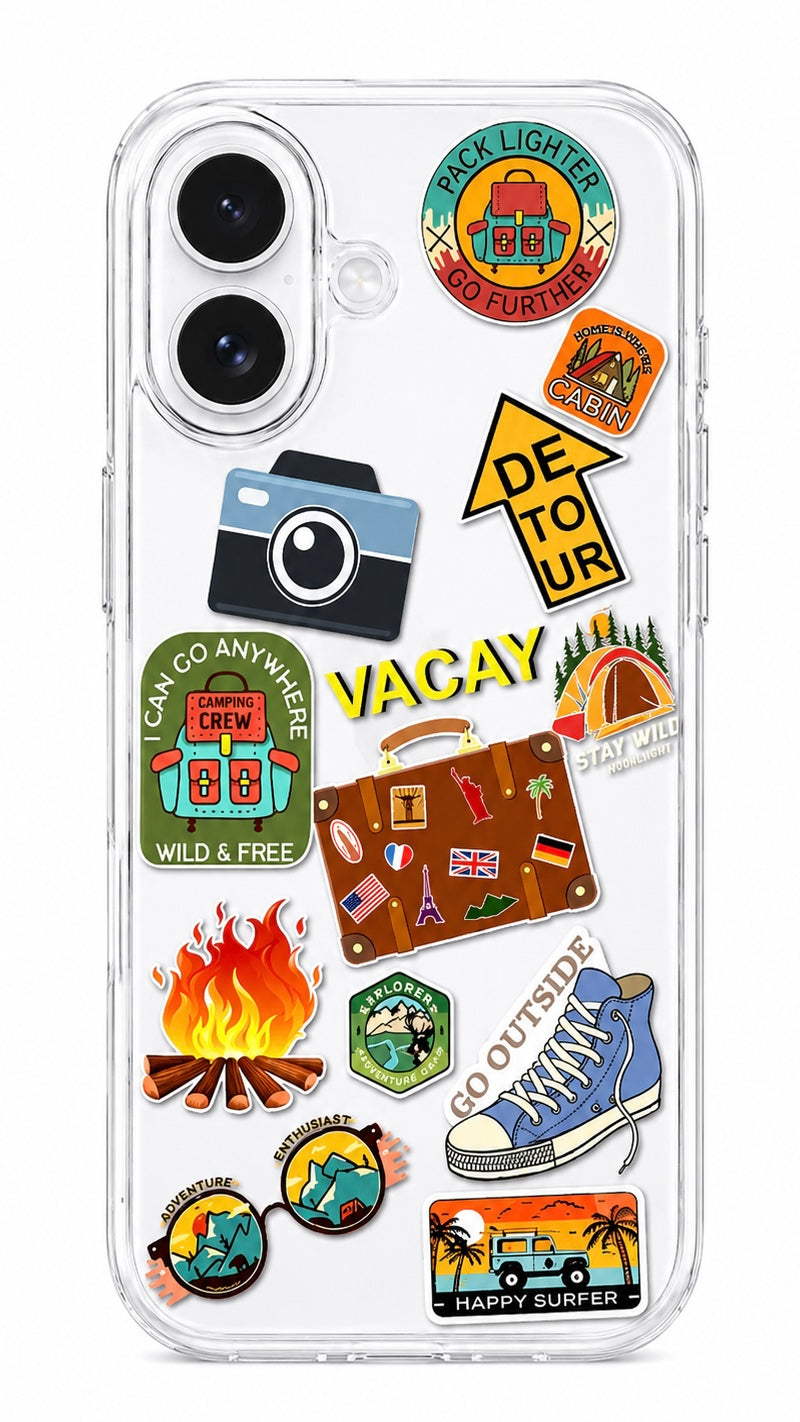 Wanderlust Adventure Sticker Clear Case for iPhone 16 ✈️🏕️🌍